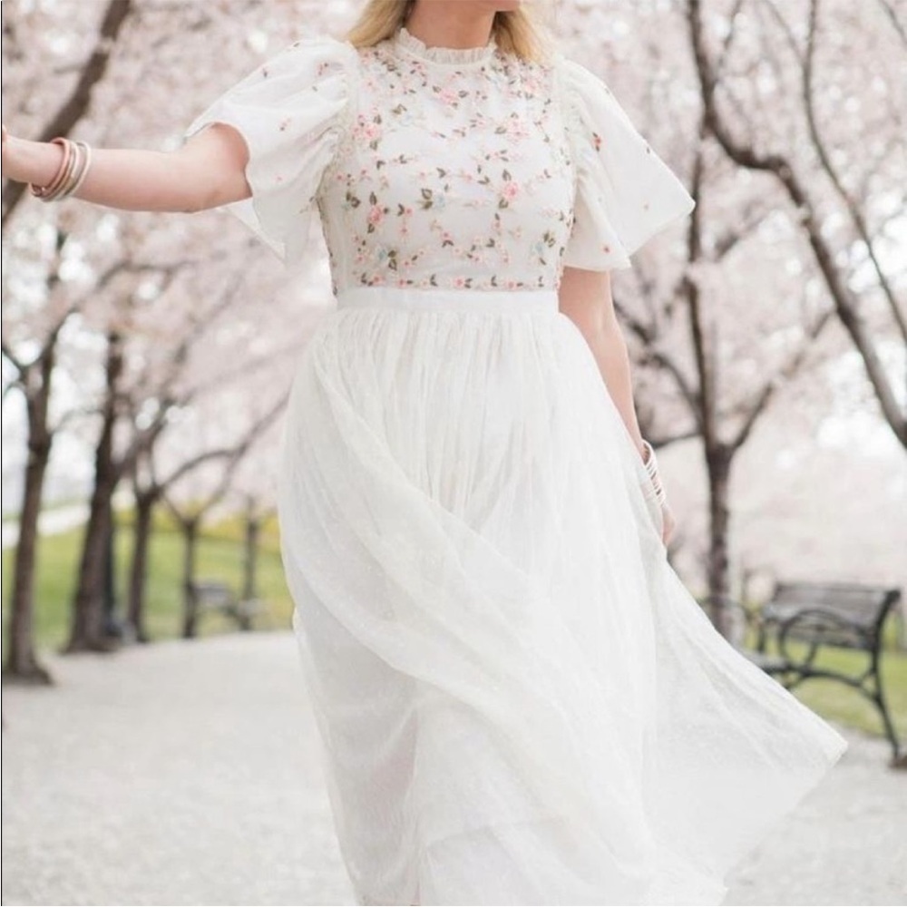Ivy City Co White Floral Embroidered Lillian Tulle Midi Dress Nwt Size Large